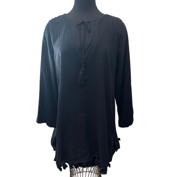 RACHEL ZOË | Black Linen Tunic Top Boho Tassel Hem Resort Blouse | Large - Picture 2 of 7